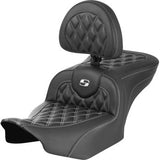 SADDLEMEN RoadSofa™ Seat - with Backrest - Carbon Fiber - Lattice Stitch - White Stitch - FLTR/FLHX '23-'24 823-07-206B6