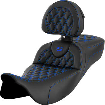 SADDLEMEN Roadsofa™ Extended Reach Seat - Lattice Stitch - Blue Stitch - with Backrest - FL '08-'23 A808-07R-184BLU