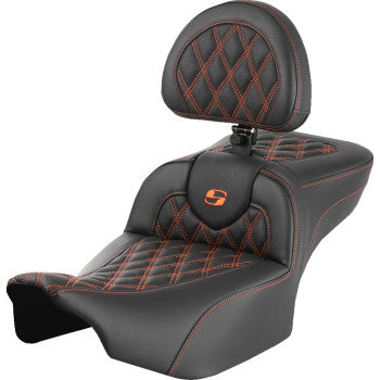 SADDLEMEN Roadsofa™ Extended Reach Seat - with Backrest - Lattice Stitch - Orange Stitch - FLTR/FLHX '23-'24 823-07-184B3