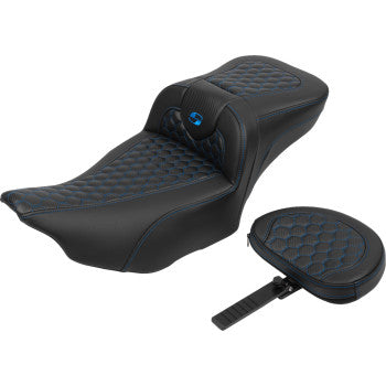 SADDLEMEN Roadsofa™ Extended Reach Seat - with Backrest - Honeycomb - Blue Stitch - FLTR/FLHX '23-'24 823-07-190B1