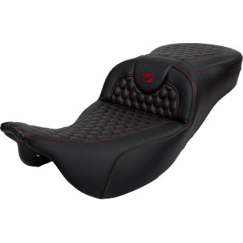 SADDLEMEN RoadSofa™ Seat - Honeycomb - Red Stitch - Extended Reach - without Backrest - FLH/FLT '08-'23 A808-07B-190RED