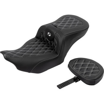 SADDLEMEN RoadSofa™ Seat - with Backrest - Carbon Fiber - Lattice Stitch - Silver Stitch - FLTR/FLHX '23-'24 823-07-206B5