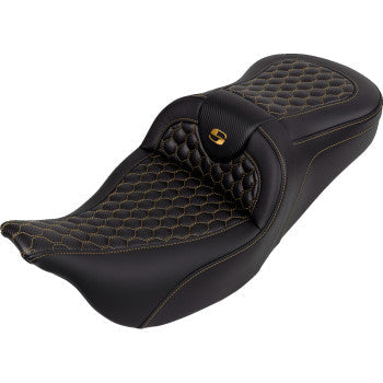 SADDLEMEN RoadSofa™ Seat - Honeycomb - Gold Stitch - without Backrest - FLH/FLT '08-'23 A808-07B-189GOL