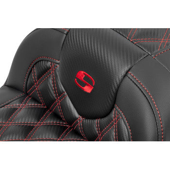 SADDLEMEN RoadSofa™ Seat - without Backrest - Carbon Fiber - Lattice Stitch - Red Stitch - FLTR/FLHX '23-'24 823-07-20604