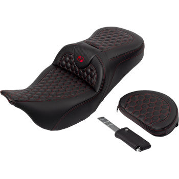 SADDLEMEN RoadSofa™ Seat - Honeycomb - Red Stitch - with Backrest - FLH/FLT '08-'23 A808-07R-189RED