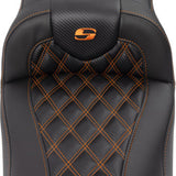 SADDLEMEN Roadsofa™ Extended Reach Seat - with Backrest - Lattice Stitch - Orange Stitch - FLTR/FLHX '23-'24 823-07-207B3