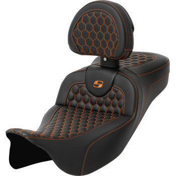 SADDLEMEN RoadSofa™ Seat - Honeycomb - Orange Stitch - with Backrest - Extended Reach - FLH/FLT '08-'23 A808-07R-190ORA