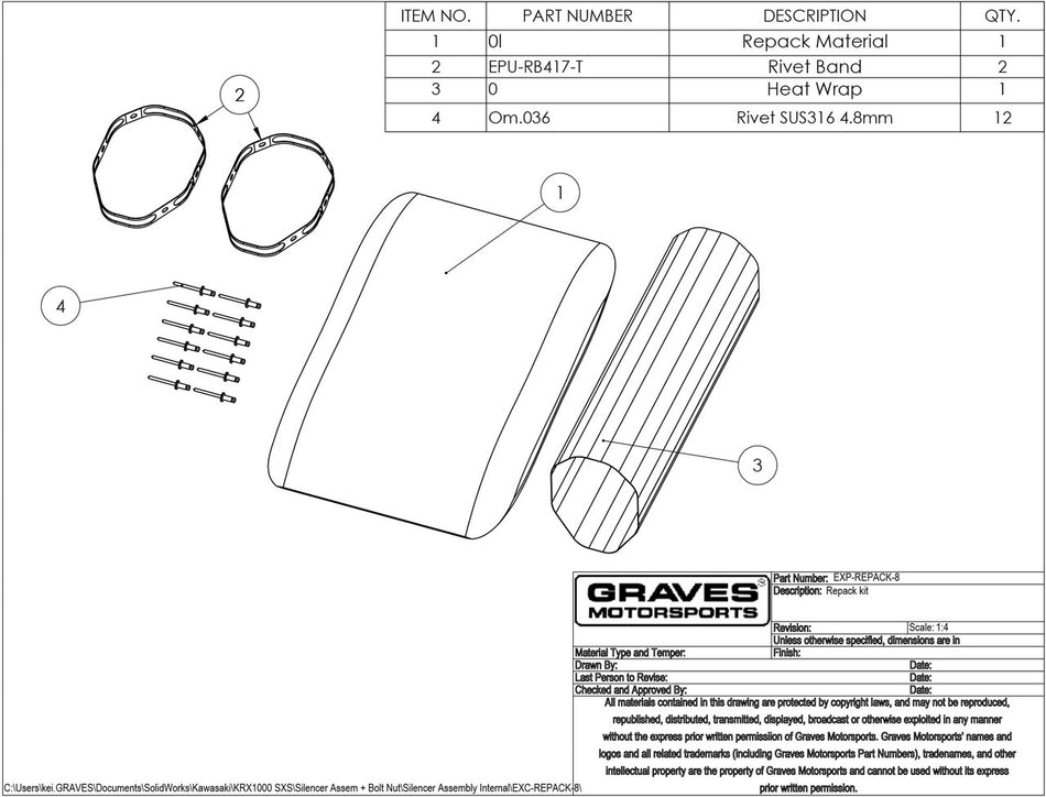 Kit de reempaque de silenciador de escape Graves EXC-REPACK