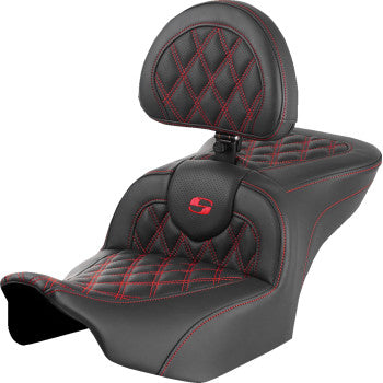 SADDLEMEN RoadSofa™ Seat - with Backrest - Lattice Stitch - Red Stitch - FLTR/FLHX '23-'24 823-07-182B4