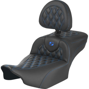 SADDLEMEN Roadsofa™ Extended Reach Seat - with Backrest - Lattice Stitch - Blue Stitch - FLTR/FLHX '23-'24 823-07-207B1