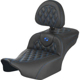 SADDLEMEN Roadsofa™ Extended Reach Seat - with Backrest - Lattice Stitch - Blue Stitch - FLTR/FLHX '23-'24 823-07-207B1