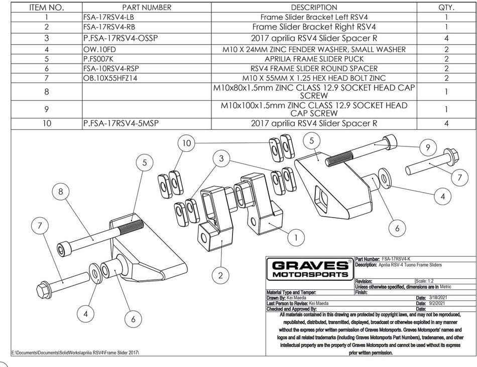 Graves Motorsports Rahmenschieber 09–20 Rsv4 / 11–17 Tuono V4/ 16–20 Tuono V4 1100 Fsa-17rsv4-K