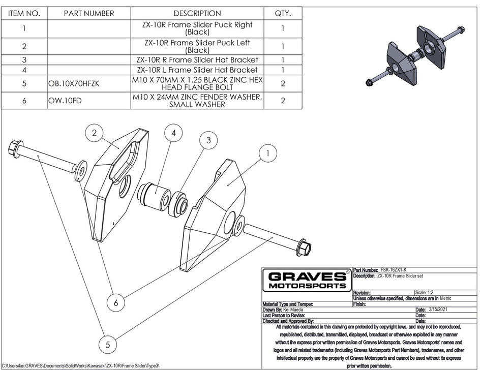 Graves Motorsports Rahmenschieber für Zx-10r 2016-2024 Fsk-16zx1-K 