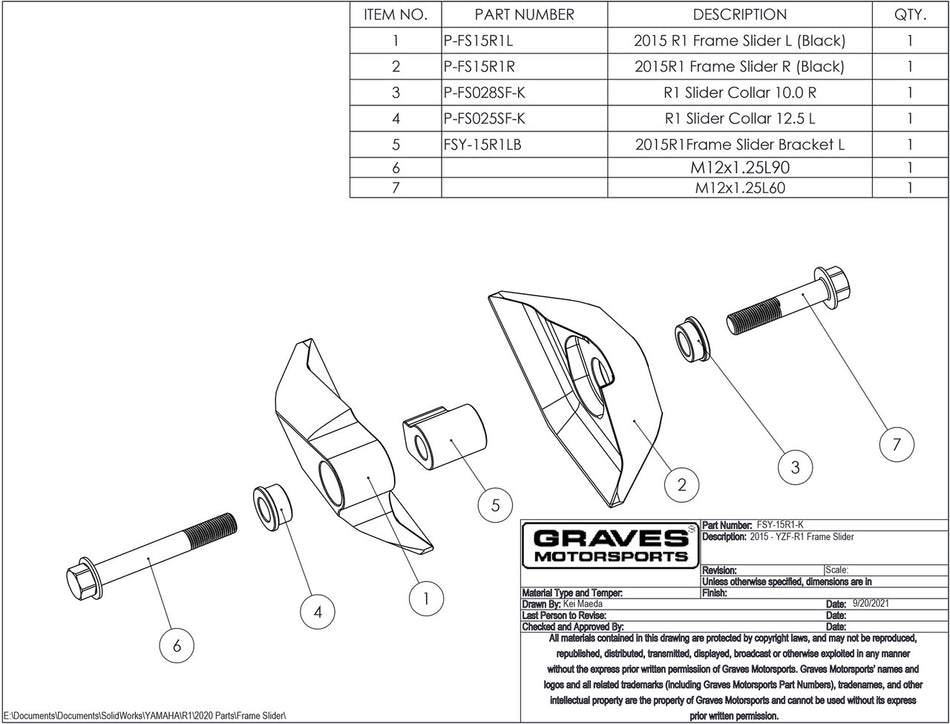 Graves Diamond Rahmenschoner-Schieberegler Schwarz R1 / R1m / R1s 2015-2023 / FZ10 2017 / MT-10 FSY-15R1-K