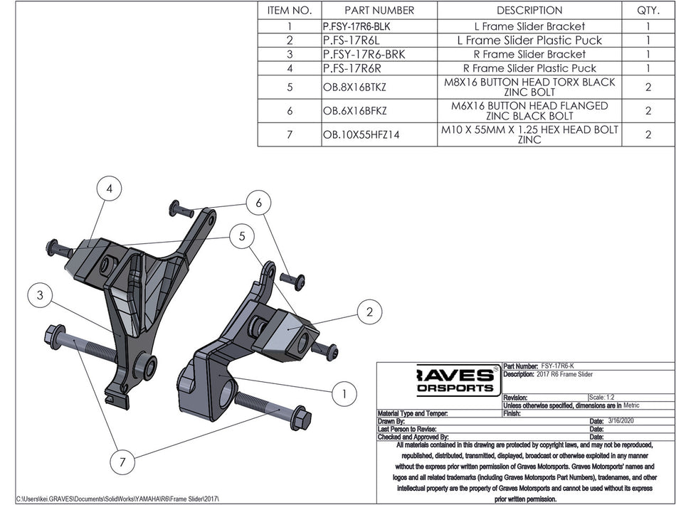 Deslizadores de marco de diamante Graves yamaha r6 2017-2022