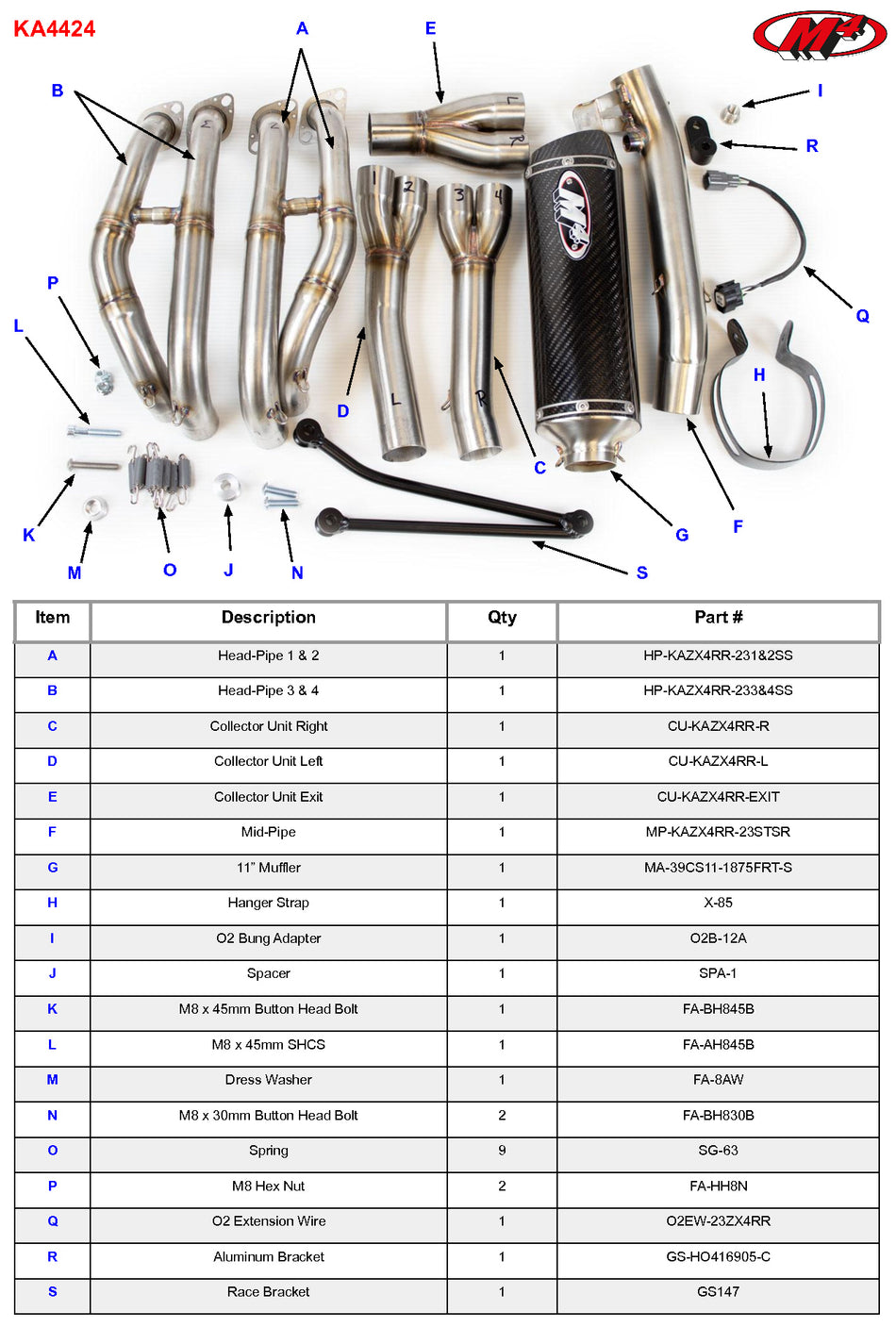 M4  stainless steel full system with carbon fiber X96 canister 2023- 2025 Kawasaki ZX-4RR KA4424