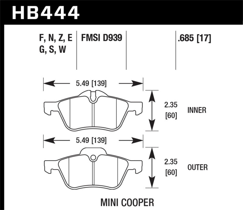 Hawk 02-06 Mini Cooper / Cooper S HP+  Street Front Brake Pads KHB444N.685