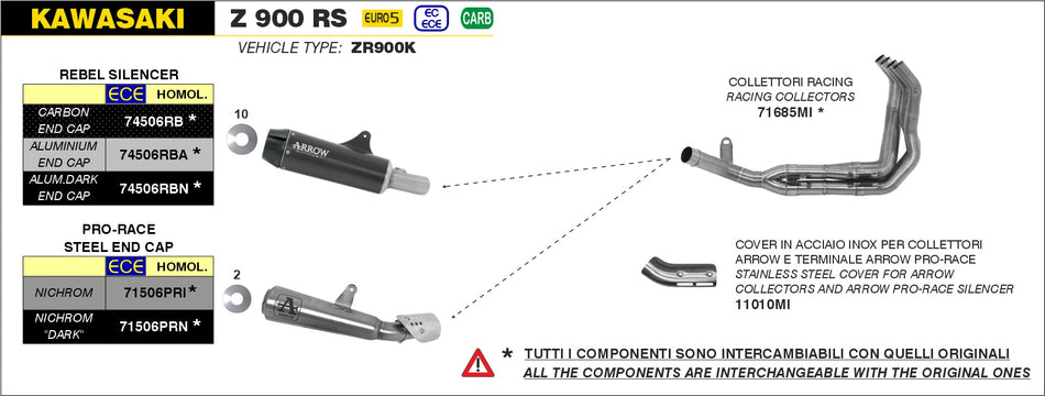 Arrow kawasaki z900rs silenciador rebel nichrom dark homologado con fondo de aluminio negro para coleccionistas originales o flecha 74506rbn