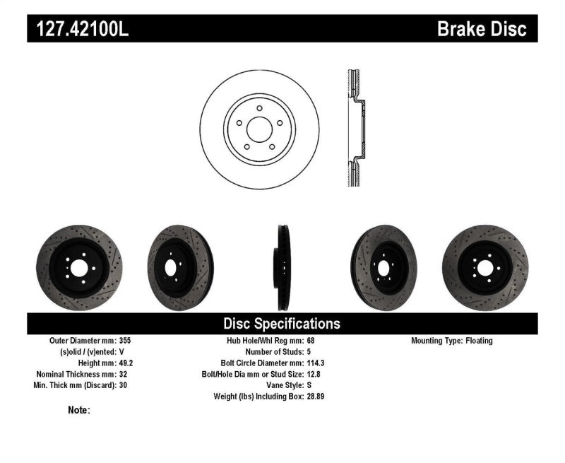 StopTech Infiniti G37 / Nissan 370Z SportStop Slotted & Drilled Front Left Rotor 127.42100L