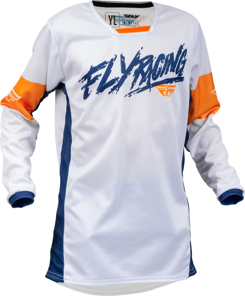 FLY RACING Youth Kinetic Khaos Jersey White/Navy/Orange Yl 376-425YL