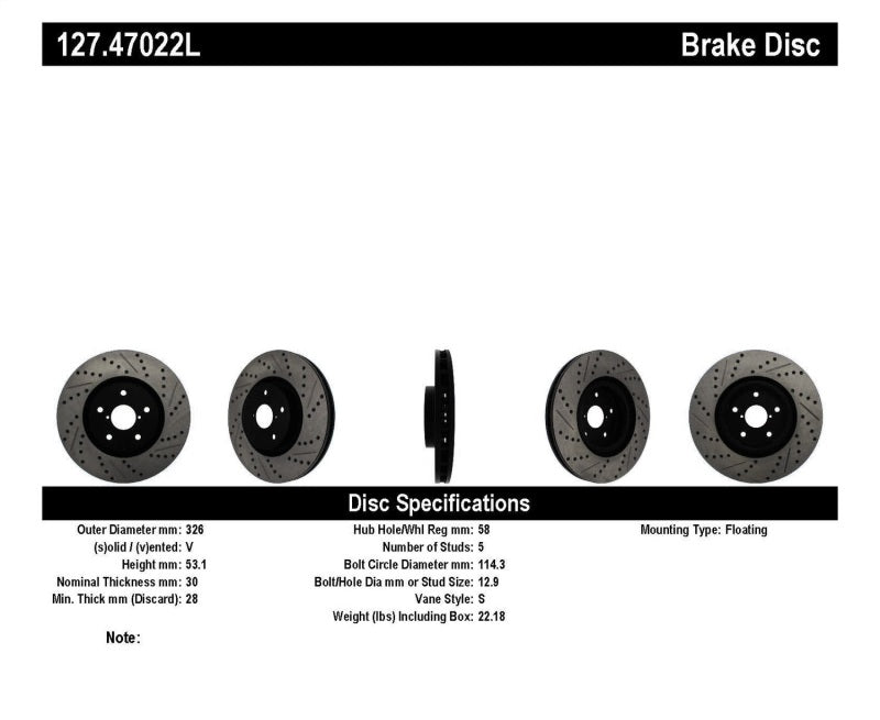 StopTech 05-10 Subaru Impreza WRX/STi Slotted & Drilled Left Front Rotor 127.47022L