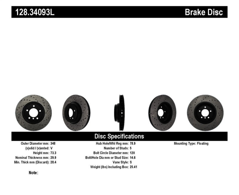 StopTech 07-10 BMW 335i Cross Drilled Left Front Rotor 128.34093L