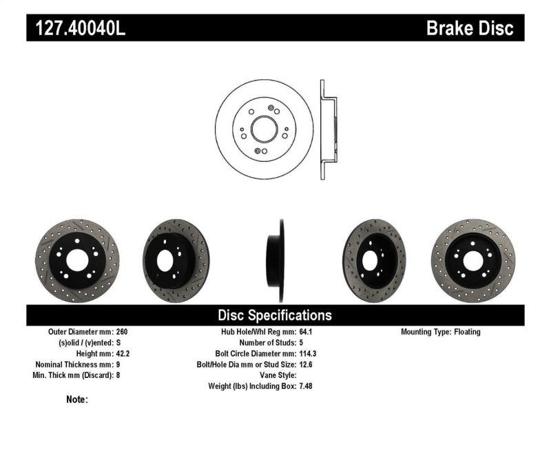 StopTech 06-09 Honda Civic Ex/Si Slotted & Drilled Left Rear Rotor 127.40040L