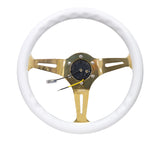 NRG Classic Wood Grain Steering Wheel (350mm) White Grip w/Chrome Gold 3-Spoke Center ST-015CG-WT