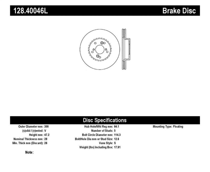 StopTech 99-08 Acura TL (STD Caliber) / 01-03 CL / 04-09 TSX Cross Drilled Left Front Rotor 128.40046L