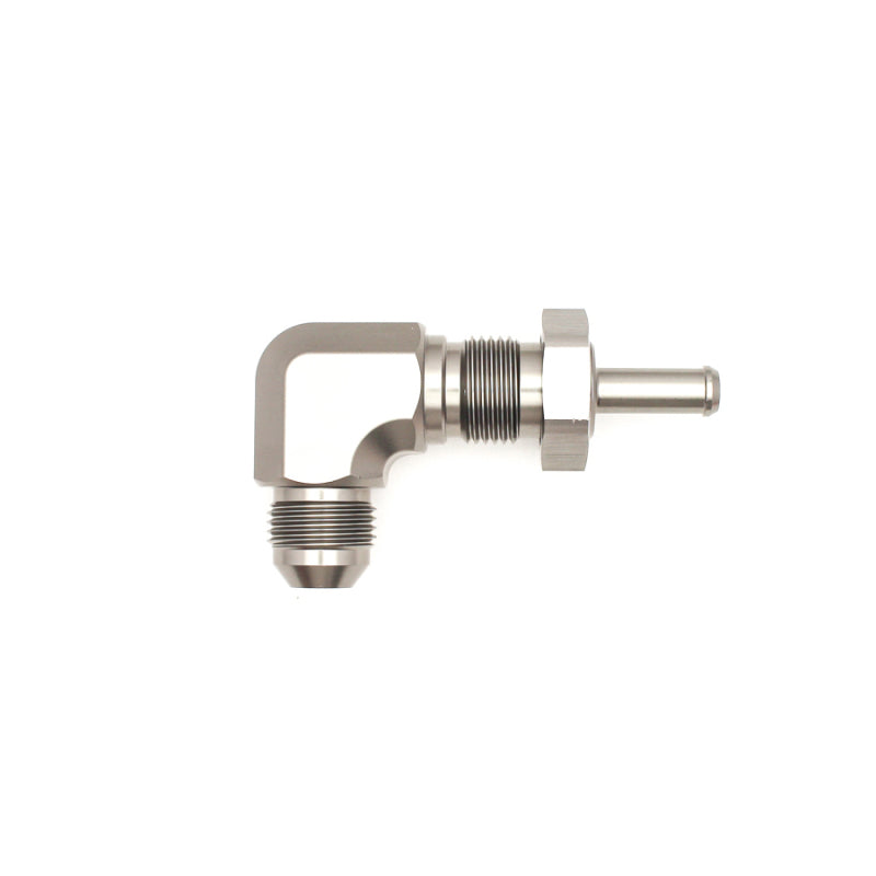 DeatschWerks 8AN Male Flare To 5/16in. Male Barb Bulkhead Adapter 90-Degree (Incl. Nut) 06-02-0713