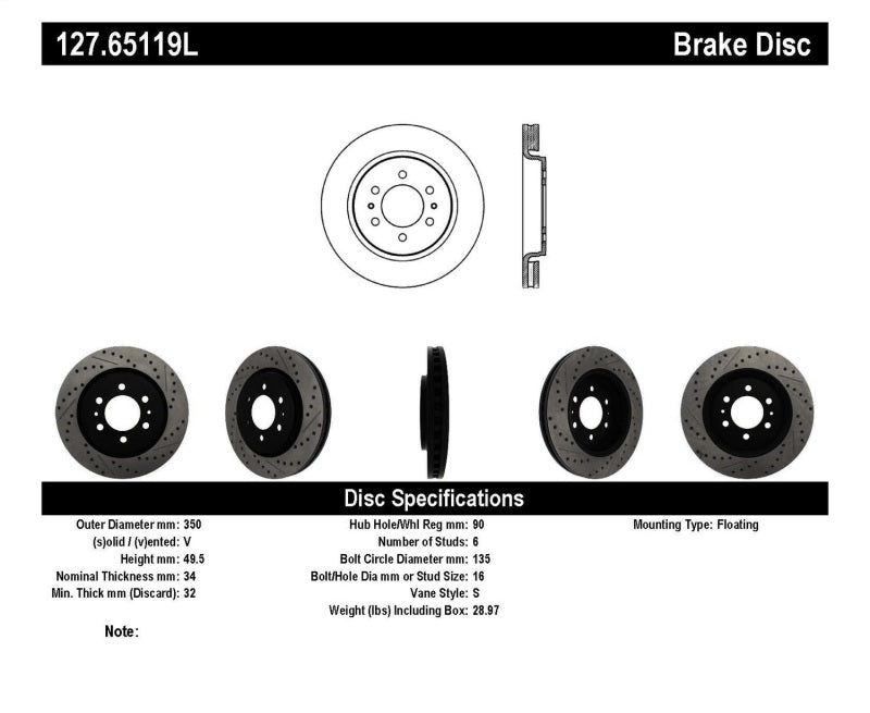 StopTech Slotted & Drilled Sport Brake Rotor 127.65119L