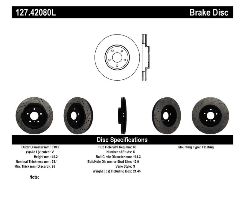 StopTech 06-07 350Z / 05-07 G35 exp Sport/ 06-07 G35X SportStop Slotted & Drilled Front Left Rotor 127.42080L