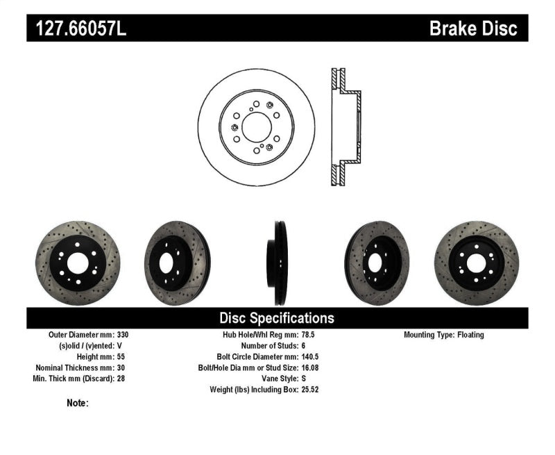 StopTech 05-10 GMC Sierra 1500 (w Rear Drum) / 07-09 GMC Yukon Front Left Slotted & Drilled Rotor 127.66057L