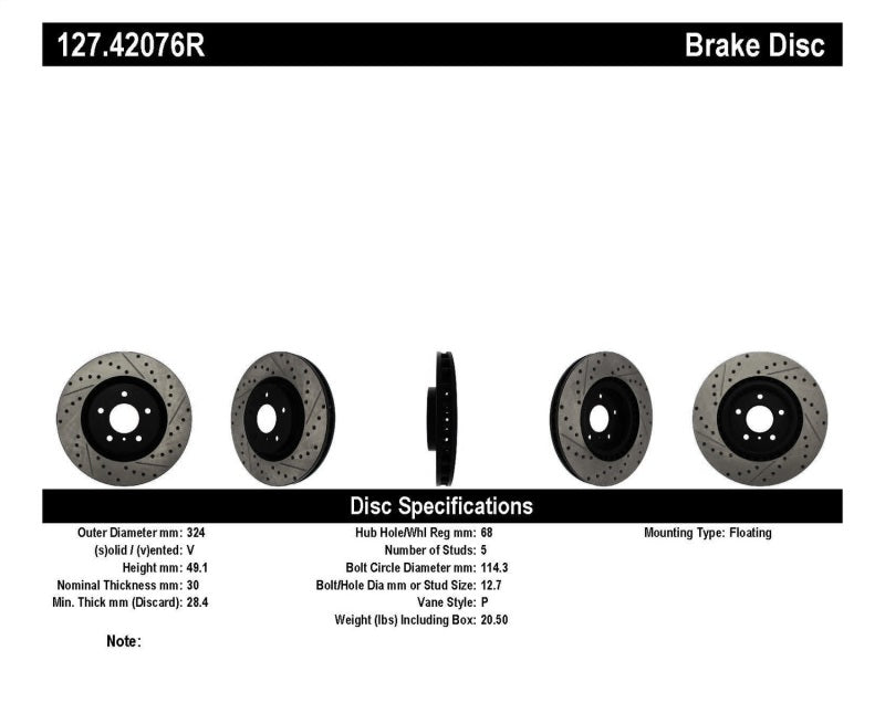 StopTech Slotted & Drilled Sport Brake Rotor 127.42076R