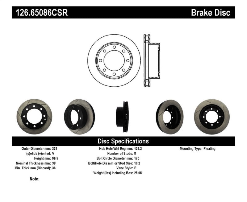 StopTech Power Slot 00-05 Ford Excursion / 99-04 F250/F350 Front Right Slotted CRYO Brake Rotor 126.65086CSR