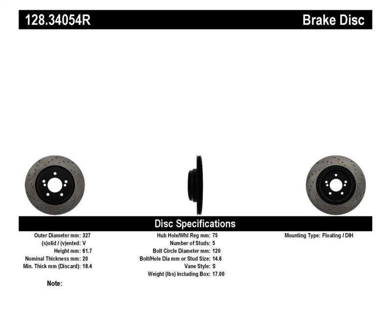 StopTech 01-07 BMW M3 (E46) / 00-04 M5 (E39) Drilled Right Rear Rotor 128.34054R