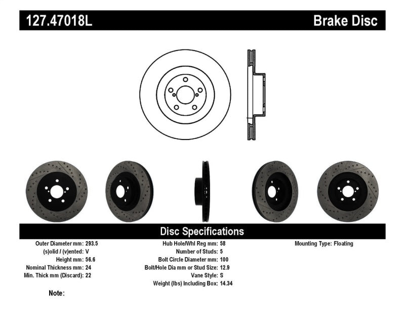 StopTech 02-10 Subaru WRX Slotted & Drilled Left Front Rotor (exc. STi) 127.47018L