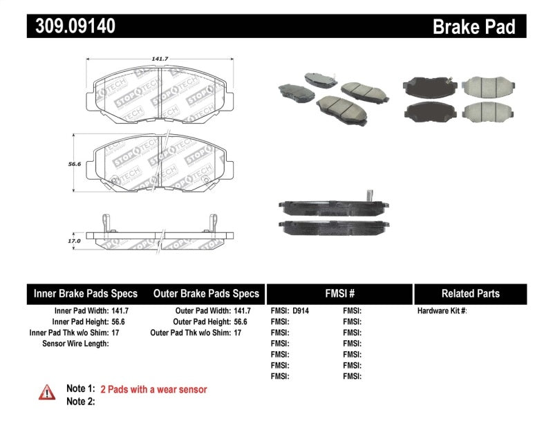 StopTech Performance 03-10 Honda Accord / 02-06 CR-V / 03-08 Pilot Front Brake Pads 309.0914