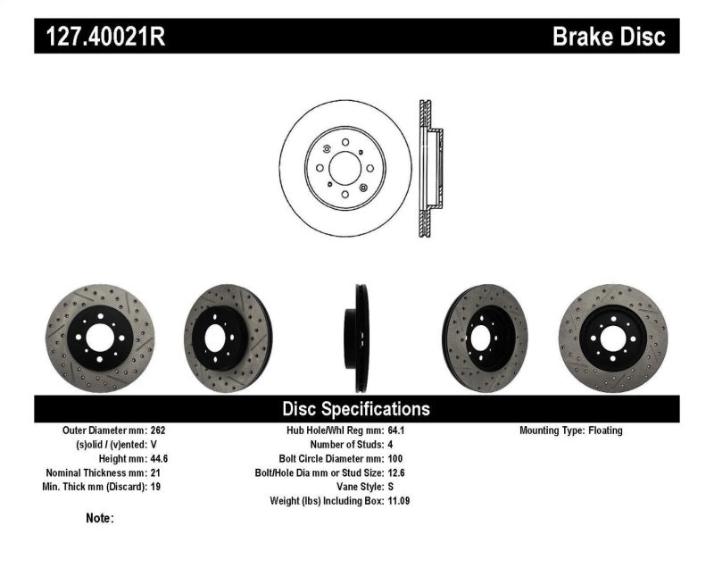 StopTech 90-01 Acura Integra (exc. Type R) / 01-05 Honda Civic / 07+ Honda Fit / 93-97 Del Sol VTEC 127.40021R