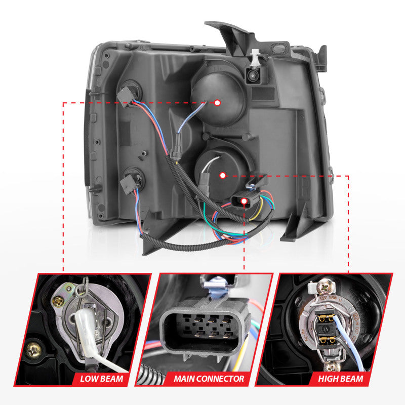 ANZO 2007-2013 Chevrolet Silverado 1500 Projector w/ Light Bar Black Housing w/ Sequential 111545