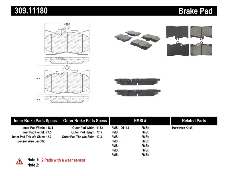 StopTech Performance 06 Lexus GS300/430 / 07-08 GS350 / 06-08 IS350 Front Brake Pads 309.1118