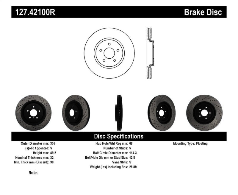 StopTech Infiniti G37 / Nissan 370Z SportStop Slotted & Drilled Front Right Rotor 127.42100R