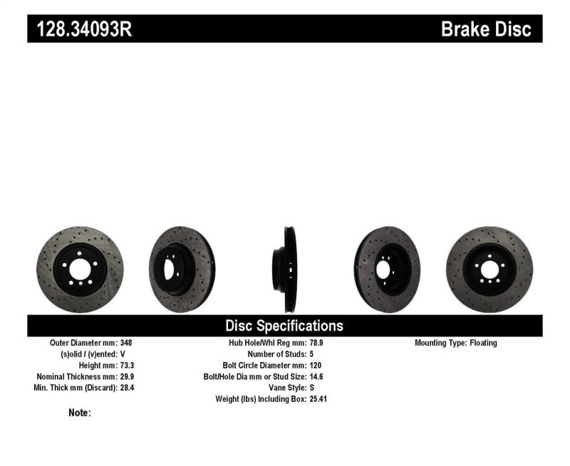 StopTech 07-10 BMW 335i Cross Drilled Right Front Rotor 128.34093R