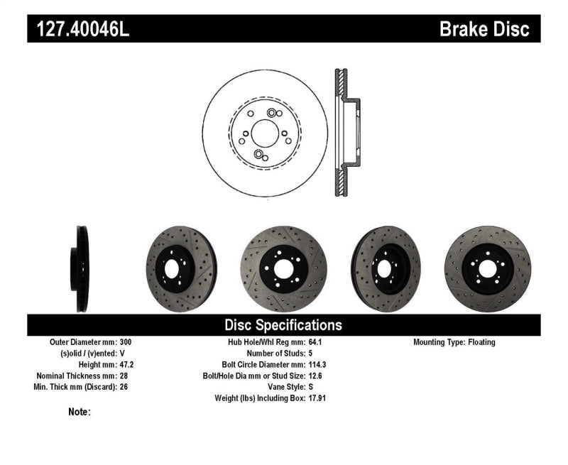 StopTech Nissan 370Z / 01-03 Acura CL / 06 EL / 04-09 TSX / 03-07 Honda Accord Coupe M/T / 05-08 Se 127.40046L