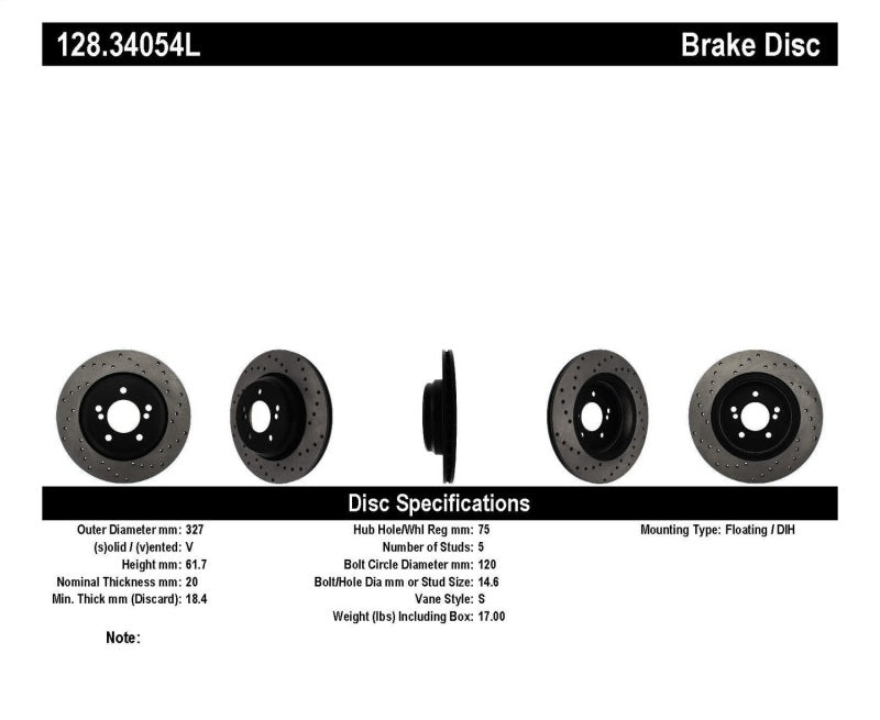 StopTech 01-07 BMW M3 (E46) / 00-04 M5 (E39) Drilled Left Rear Rotor 128.34054L