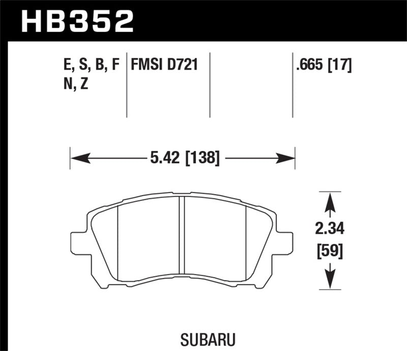 Hawk 1998-2/2002 Subaru Forester L (w/Rear Drum Brakes) High Perf. Street 5.0 Front Brake Pads KHB352B.665