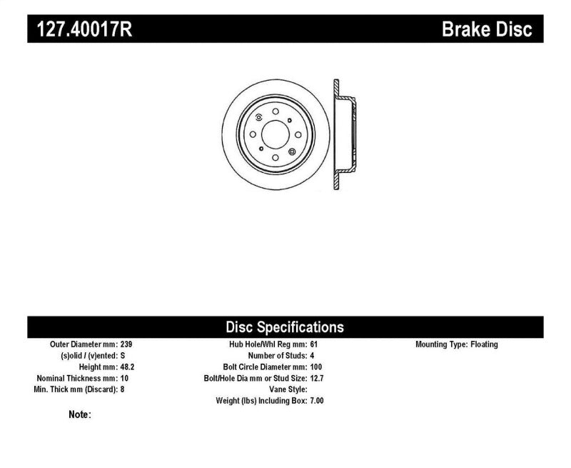 StopTech 90-96 Acura Integra / 97-01 Integra (Exc. Type R) Slotted & Drilled Right Rear Rotor 127.40017R