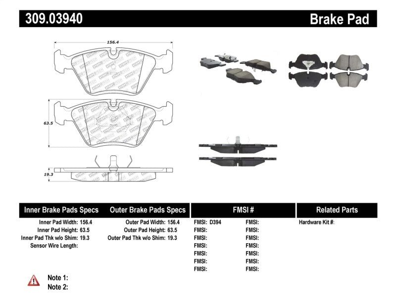 StopTech 95-99 BMW M3 / 01-07 M3 E46 / 89-93 M5 / 98-02 Z3 M series / 93-95 530 Front Brake Pads 309.0394