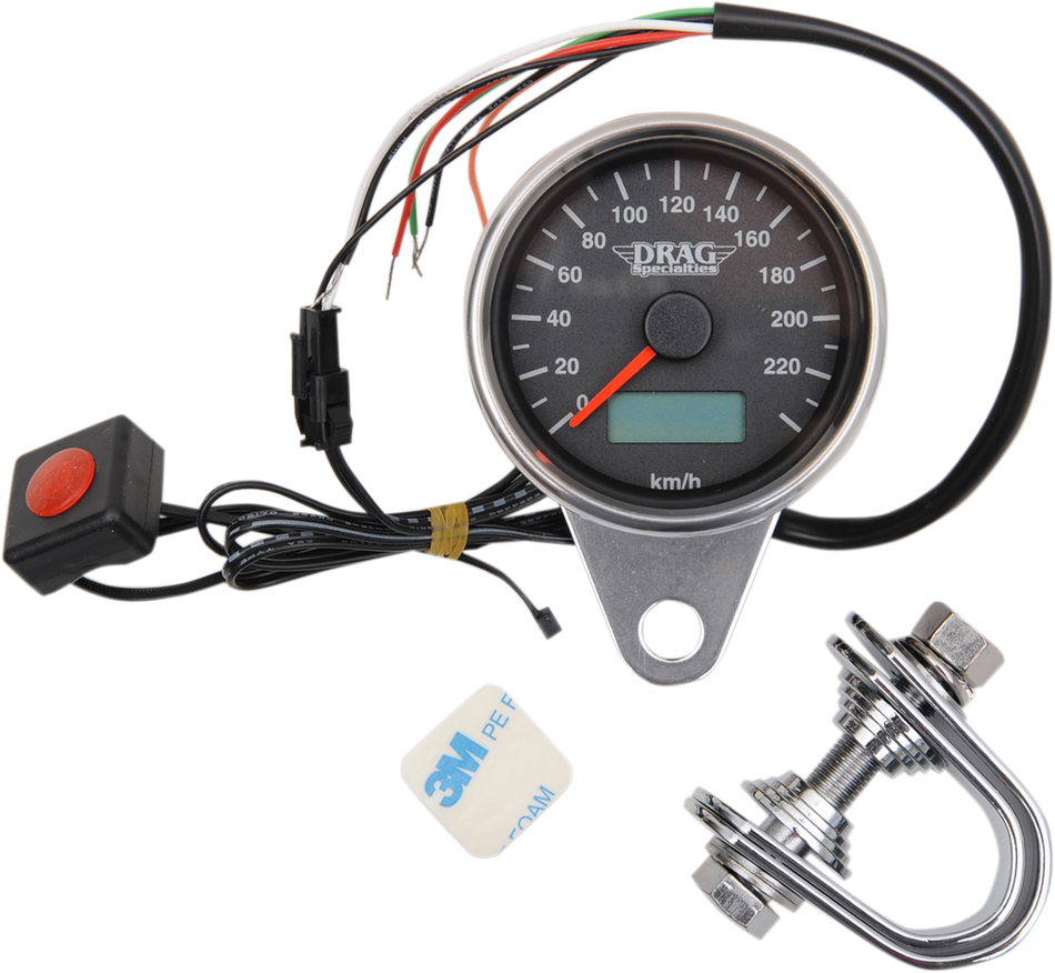 DRAG SPECIALTIES 2,4" KMH programmierbarer elektronischer Mini-Tachometer mit Kilometerzähler/Tageskilometerzähler – Mattschwarz – schwarzes Zifferblatt 21-6895ADS 