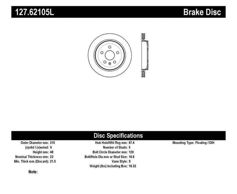 StopTech Slotted & Drilled Sport Brake Rotor 127.62105L